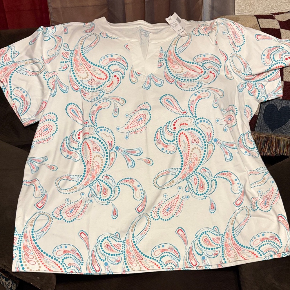 Liz & Me White Blouse with Pink and Blue Paisley
